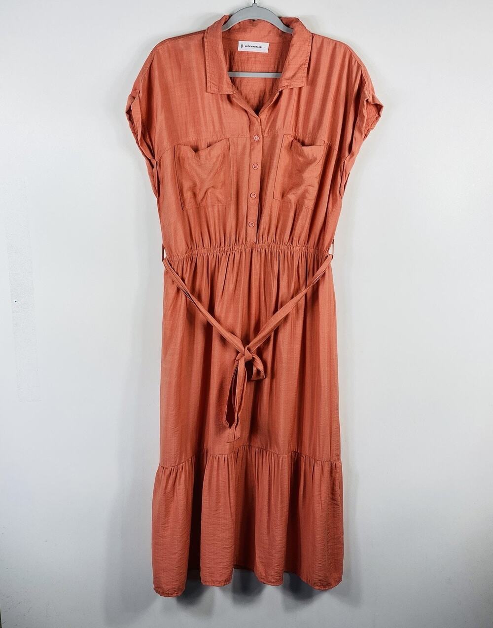 Lucky Brand Midi Dress Large Belted Shirtdress Short Sleeve Pockets Pink Salmon